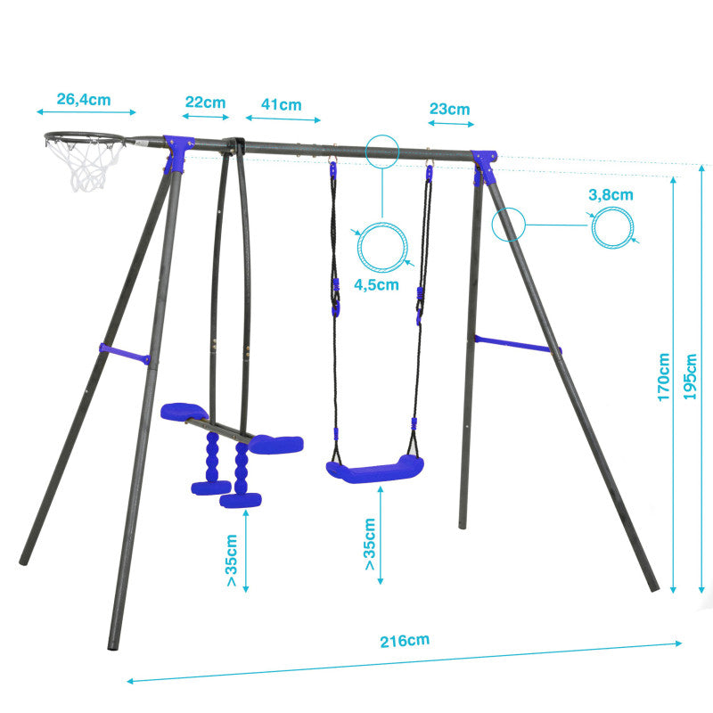 Spielplatz „Maxo Blue“ aus pulverbeschichtetem Metall – Doppelschaukel, Einzelschaukel & Basketballkorb, 216×180×195 cm