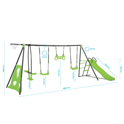 Spielplatz „Maxo XXL“ aus pulverbeschichtetem Metall – mit Rutsche, Trapez & Doppelschaukel, 480×195 cm, hellgrün