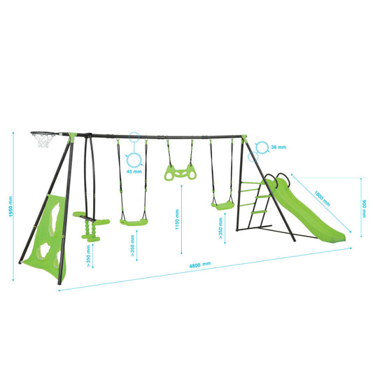 Spielplatz „Maxo XXL“ aus pulverbeschichtetem Metall – mit Rutsche, Trapez & Doppelschaukel, 480×195 cm, hellgrün