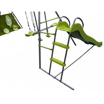 Spielplatz „Maxo XXL“ aus pulverbeschichtetem Metall – mit Rutsche, Trapez & Doppelschaukel, 480×195 cm, hellgrün
