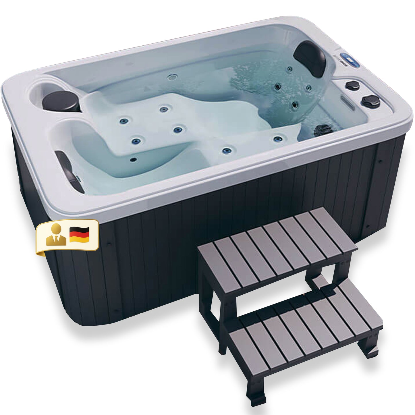 Outdoor Whirlpool optional mit Treppe und Thermoabdeckung - 175 x 115 cm für 2 Peronen