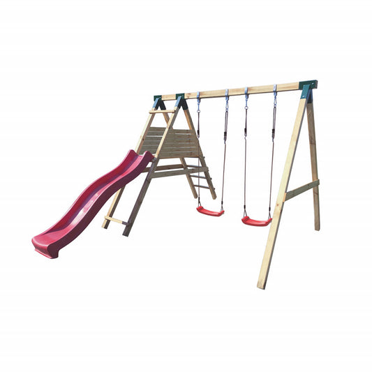 Spielturm „Luno Max“ aus imprägnierter Kiefer – Doppelschaukel mit Plattform & Rutsche, TÜV/EN71, 300×394×228 cm