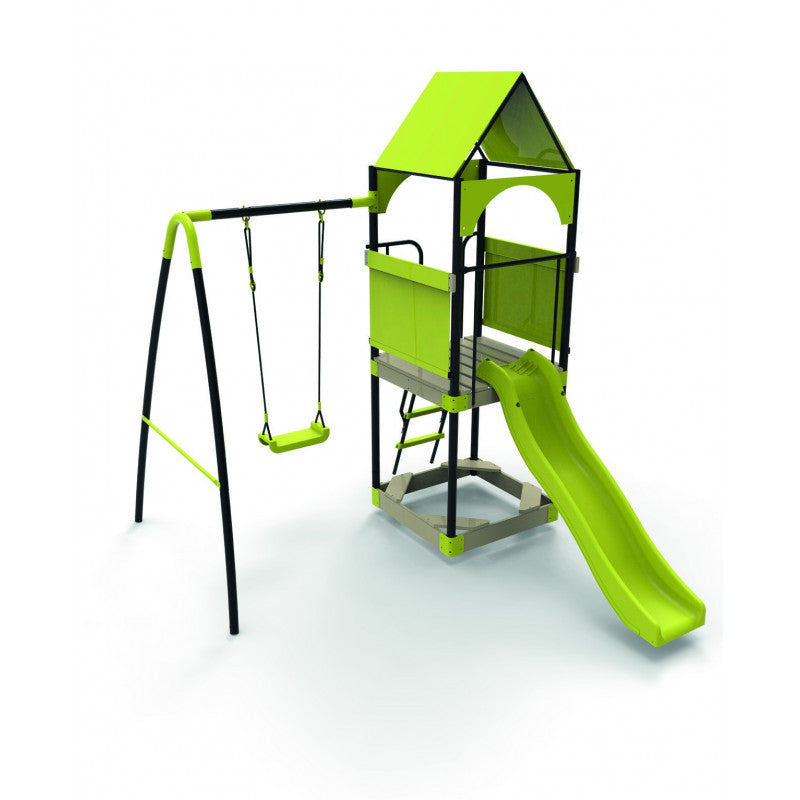 Spielplatz „Kajo Green“ aus pulverbeschichtetem Metall – mit Holzplattform, Dach & Rutsche, 295×215×260 cm