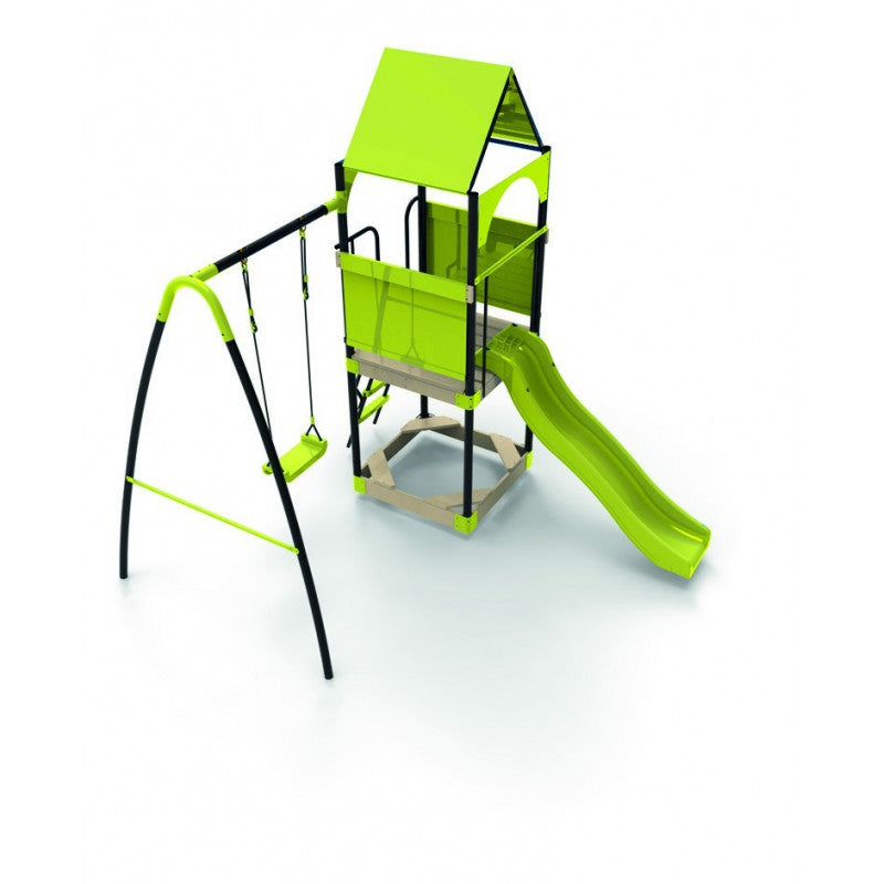 Spielplatz „Kajo Green“ aus pulverbeschichtetem Metall – mit Holzplattform, Dach & Rutsche, 295×215×260 cm
