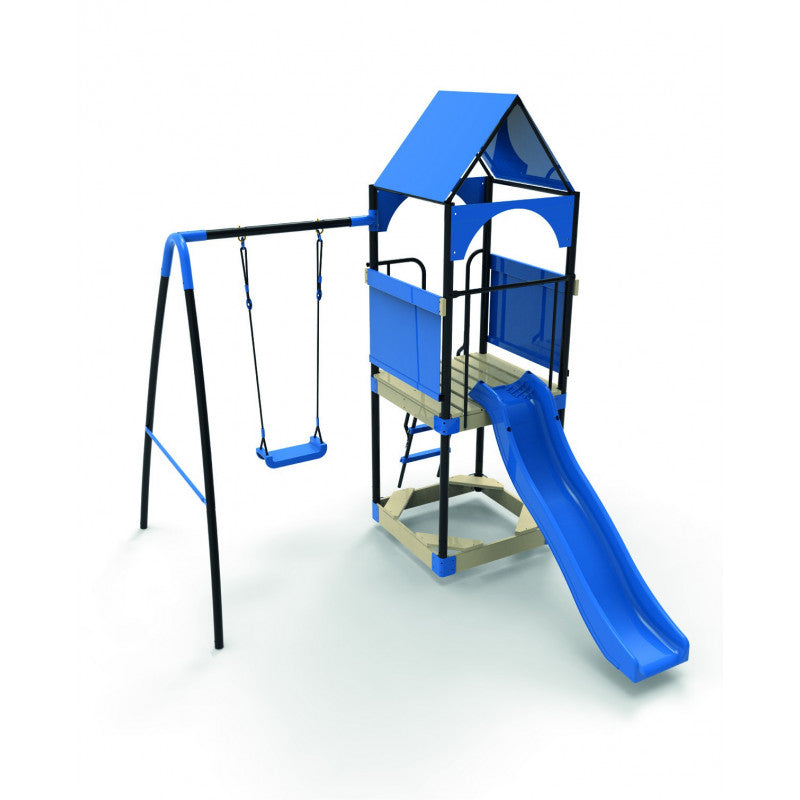 Spielplatz „Kajo Blue“ aus pulverbeschichtetem Metall – mit Holzplattform, Dach & Rutsche, 295×215×260 cm