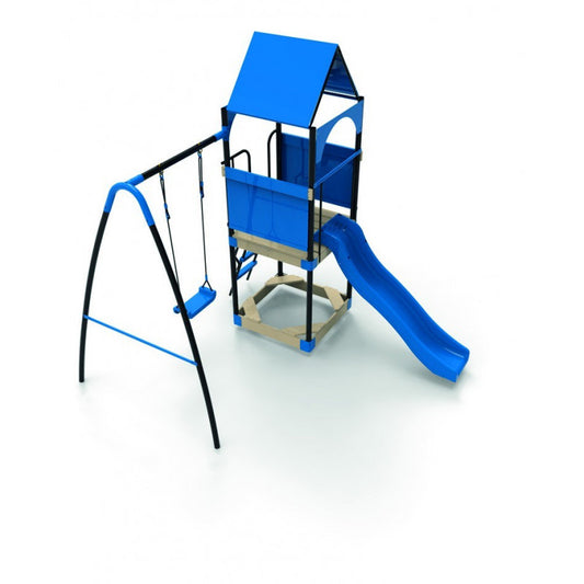 Spielplatz „Kajo Blue“ aus pulverbeschichtetem Metall – mit Holzplattform, Dach & Rutsche, 295×215×260 cm