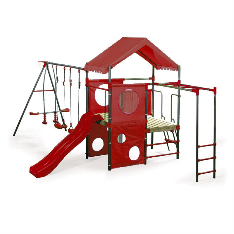 Spielplatz „Olli Red“ aus pulverbeschichtetem Metall – XXL-Kinderspielanlage mit Rutsche, Doppelschaukel & Podest mit Dach, 468×339×265 cm