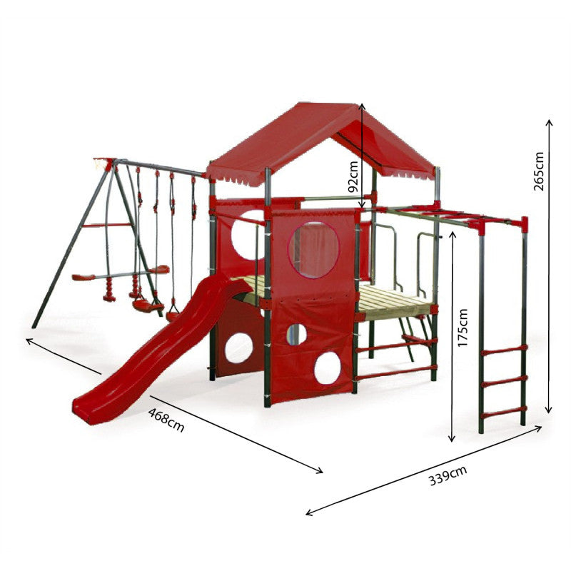Spielplatz „Olli Red“ aus pulverbeschichtetem Metall – XXL-Kinderspielanlage mit Rutsche, Doppelschaukel & Podest mit Dach, 468×339×265 cm