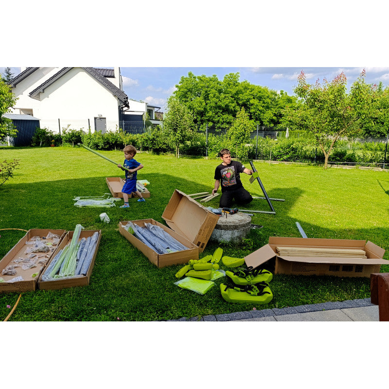 Spielplatz „Olli Red“ aus pulverbeschichtetem Metall – XXL-Kinderspielanlage mit Rutsche, Doppelschaukel & Podest mit Dach, 468×339×265 cm