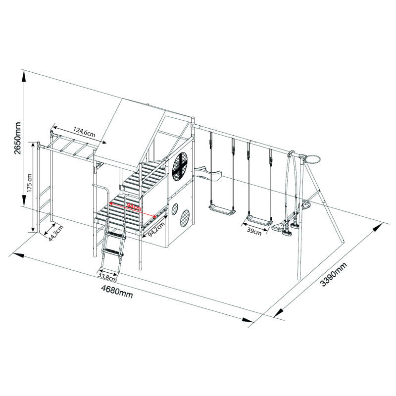 Spielplatz „Olli Red“ aus pulverbeschichtetem Metall – XXL-Kinderspielanlage mit Rutsche, Doppelschaukel & Podest mit Dach, 468×339×265 cm