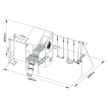 Spielplatz „Olli Red“ aus pulverbeschichtetem Metall – XXL-Kinderspielanlage mit Rutsche, Doppelschaukel & Podest mit Dach, 468×339×265 cm