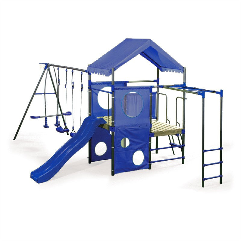 Spielplatz „Olli Blue“ aus pulverbeschichtetem Metall – XXL-Kinderspielanlage mit Rutsche, Doppelschaukel & Dachpodest, 468×339×265 cm