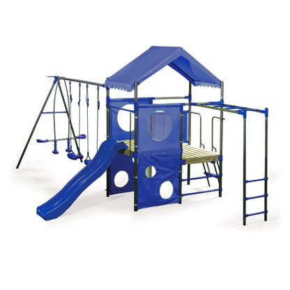 Spielplatz „Olli Blue“ aus pulverbeschichtetem Metall – XXL-Kinderspielanlage mit Rutsche, Doppelschaukel & Dachpodest, 468×339×265 cm