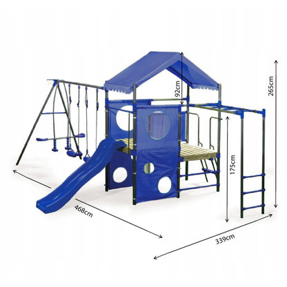 Spielplatz „Olli Blue“ aus pulverbeschichtetem Metall – XXL-Kinderspielanlage mit Rutsche, Doppelschaukel & Dachpodest, 468×339×265 cm