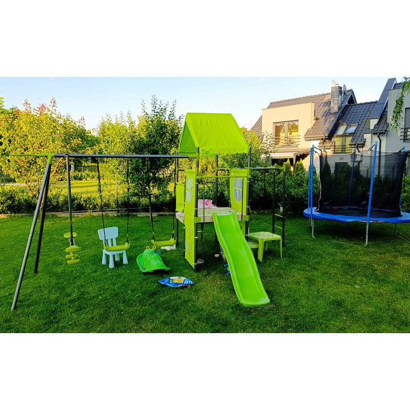 Spielplatz „Olli Blue“ aus pulverbeschichtetem Metall – XXL-Kinderspielanlage mit Rutsche, Doppelschaukel & Dachpodest, 468×339×265 cm