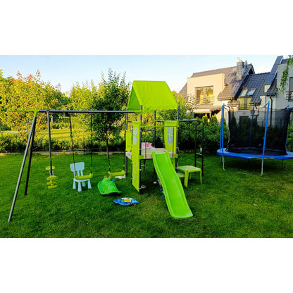 Spielplatz „Olli Blue“ aus pulverbeschichtetem Metall – XXL-Kinderspielanlage mit Rutsche, Doppelschaukel & Dachpodest, 468×339×265 cm