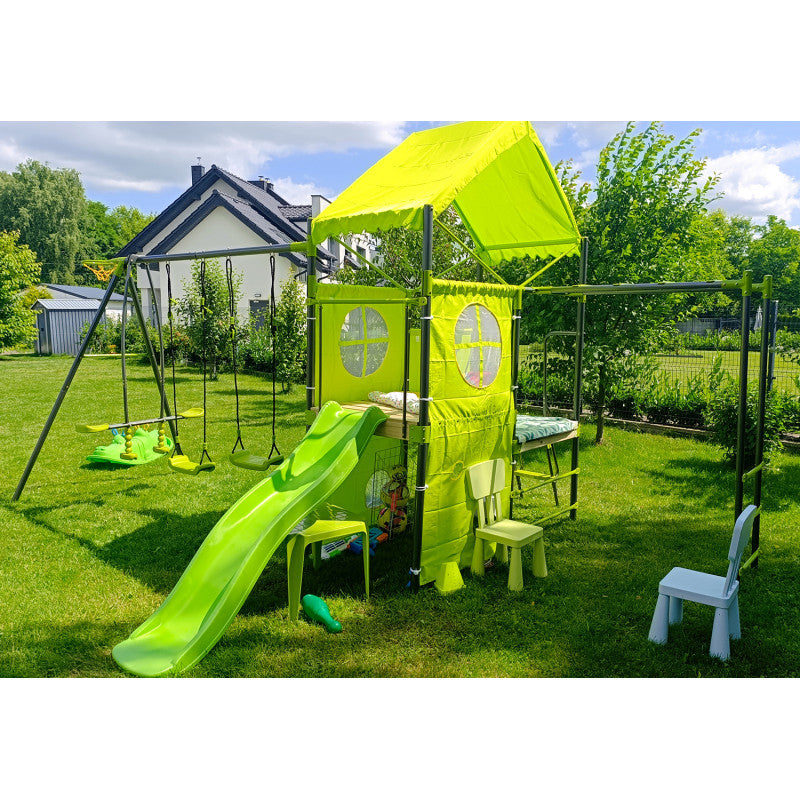 Spielplatz „Olli Blue“ aus pulverbeschichtetem Metall – XXL-Kinderspielanlage mit Rutsche, Doppelschaukel & Dachpodest, 468×339×265 cm