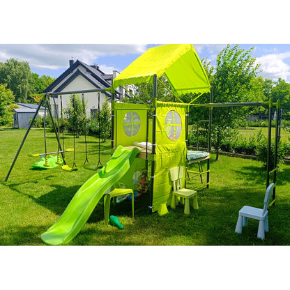 Spielplatz „Olli Blue“ aus pulverbeschichtetem Metall – XXL-Kinderspielanlage mit Rutsche, Doppelschaukel & Dachpodest, 468×339×265 cm