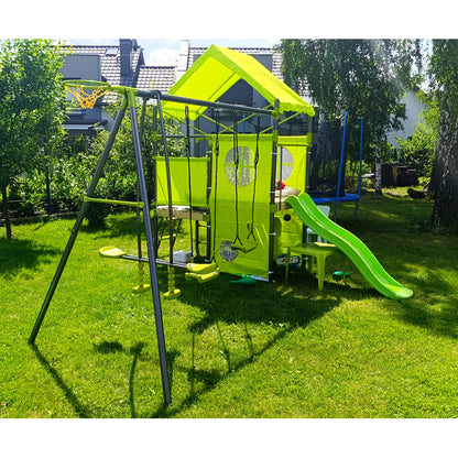 Spielplatz „Olli Blue“ aus pulverbeschichtetem Metall – XXL-Kinderspielanlage mit Rutsche, Doppelschaukel & Dachpodest, 468×339×265 cm