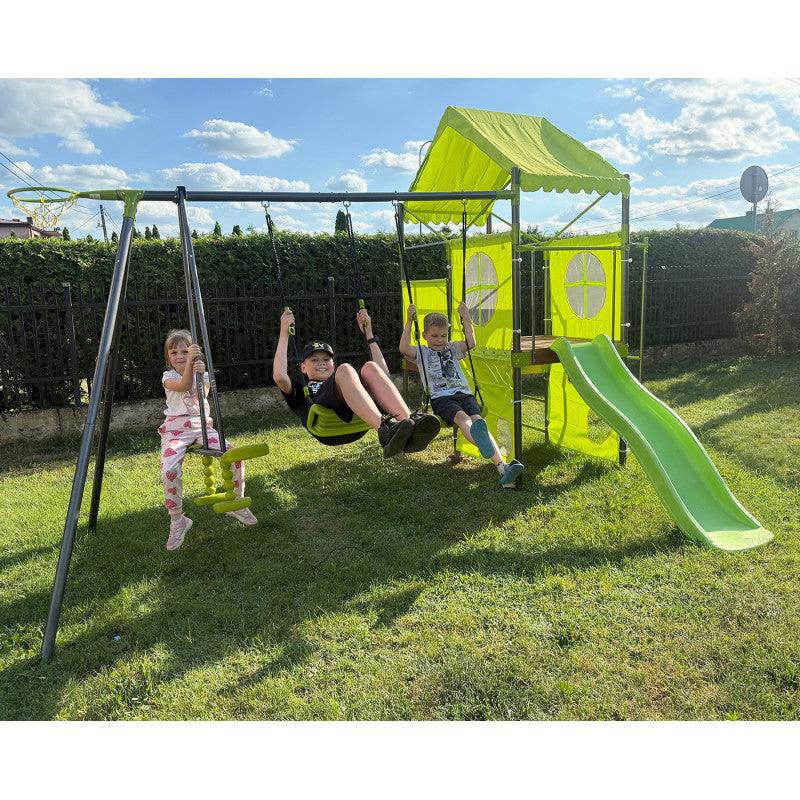 Spielplatz „Olli Blue“ aus pulverbeschichtetem Metall – XXL-Kinderspielanlage mit Rutsche, Doppelschaukel & Dachpodest, 468×339×265 cm