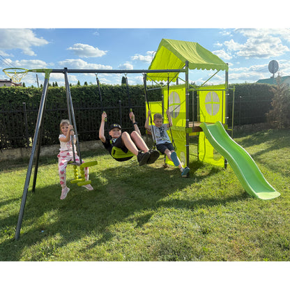Spielplatz „Olli Blue“ aus pulverbeschichtetem Metall – XXL-Kinderspielanlage mit Rutsche, Doppelschaukel & Dachpodest, 468×339×265 cm