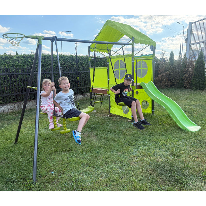 Spielplatz „Olli Blue“ aus pulverbeschichtetem Metall – XXL-Kinderspielanlage mit Rutsche, Doppelschaukel & Dachpodest, 468×339×265 cm