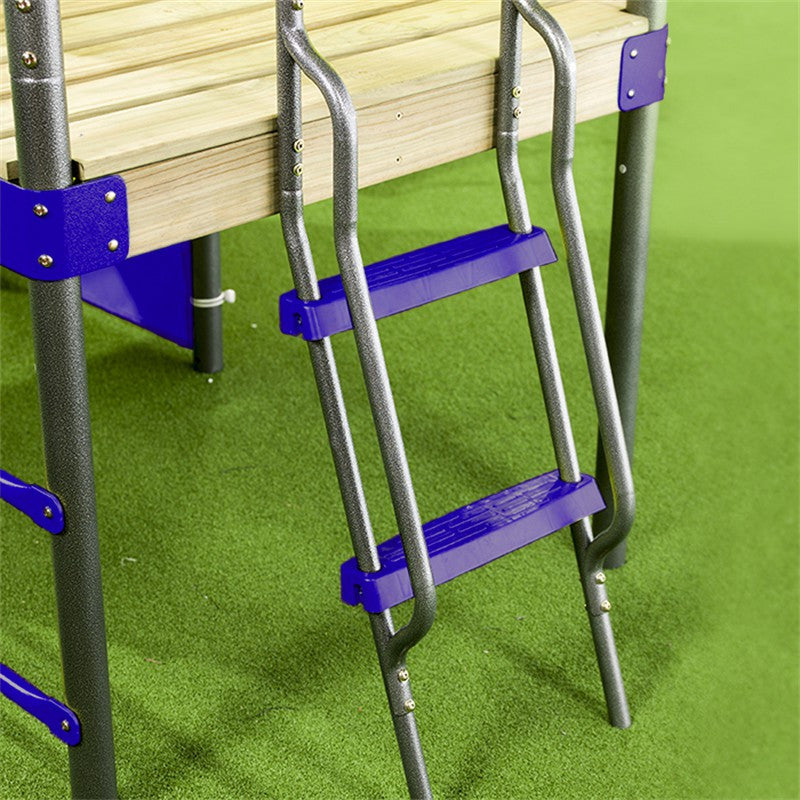 Spielplatz „Olli Blue“ aus pulverbeschichtetem Metall – XXL-Kinderspielanlage mit Rutsche, Doppelschaukel & Dachpodest, 468×339×265 cm