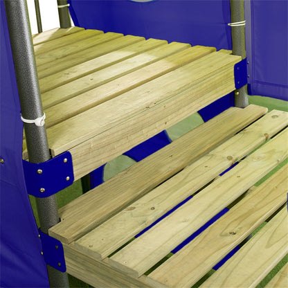 Spielplatz „Olli Blue“ aus pulverbeschichtetem Metall – XXL-Kinderspielanlage mit Rutsche, Doppelschaukel & Dachpodest, 468×339×265 cm