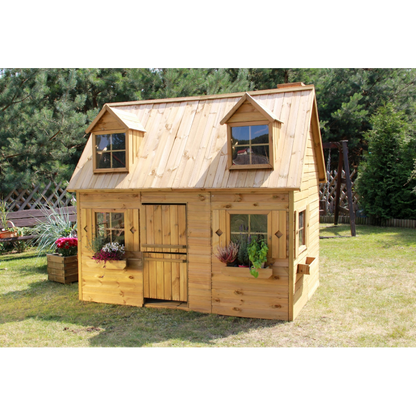 Spielhaus „Maja“ aus Holz – zweistöckig mit Galerie, Leiter & Blumenkästen, 248×157×240 cm, EN71/TÜV-geprüft