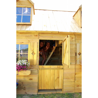 Spielhaus „Maja“ aus Holz – zweistöckig mit Galerie, Leiter & Blumenkästen, 248×157×240 cm, EN71/TÜV-geprüft