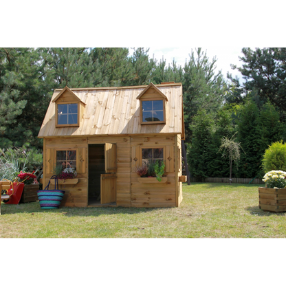 Spielhaus „Maja“ aus Holz – zweistöckig mit Galerie, Leiter & Blumenkästen, 248×157×240 cm, EN71/TÜV-geprüft