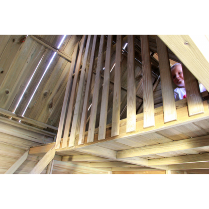 Spielhaus „Maja“ aus Holz – zweistöckig mit Galerie, Leiter & Blumenkästen, 248×157×240 cm, EN71/TÜV-geprüft