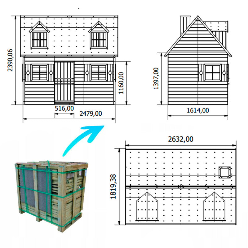 Spielhaus „Maja“ aus Holz – zweistöckig mit Galerie, Leiter & Blumenkästen, 248×157×240 cm, EN71/TÜV-geprüft