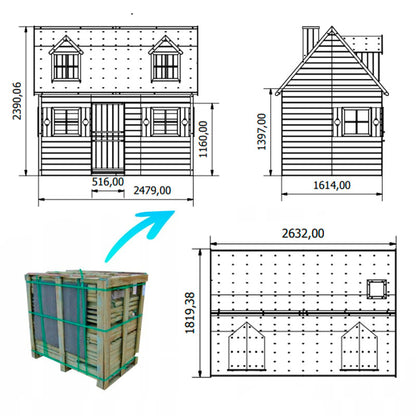 Spielhaus „Maja“ aus Holz – zweistöckig mit Galerie, Leiter & Blumenkästen, 248×157×240 cm, EN71/TÜV-geprüft