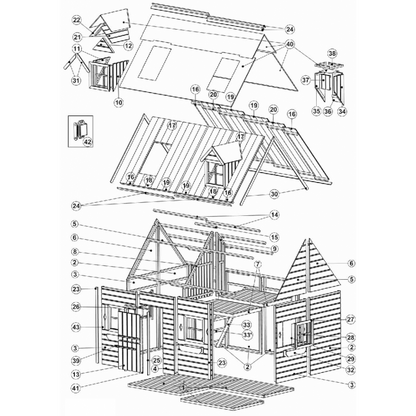 Spielhaus „Maja“ aus Holz – zweistöckig mit Galerie, Leiter & Blumenkästen, 248×157×240 cm, EN71/TÜV-geprüft