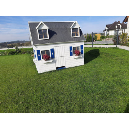 Spielhaus „Maja“ aus Holz – zweistöckig mit Galerie, Leiter & Blumenkästen, 248×157×240 cm, EN71/TÜV-geprüft