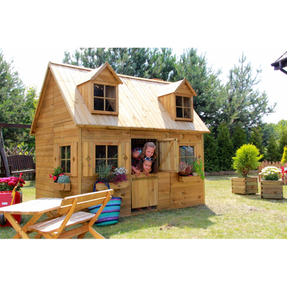 Spielhaus „Maja“ aus Holz – zweistöckig mit Galerie, Leiter & Blumenkästen, 248×157×240 cm, EN71/TÜV-geprüft
