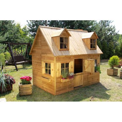 Spielhaus „Maja“ aus Holz – zweistöckig mit Galerie, Leiter & Blumenkästen, 248×157×240 cm, EN71/TÜV-geprüft