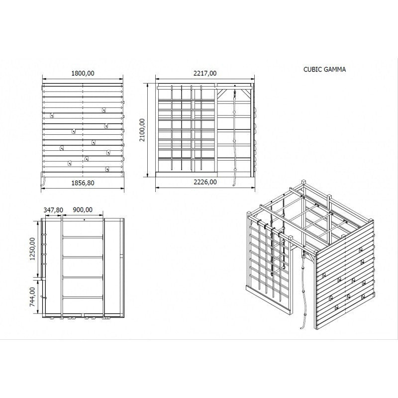 Spielplatz „Cubic Gamma“ aus imprägnierter Kiefer – mit Kletterwand, Seilen & Leitern, 225×185×210 cm