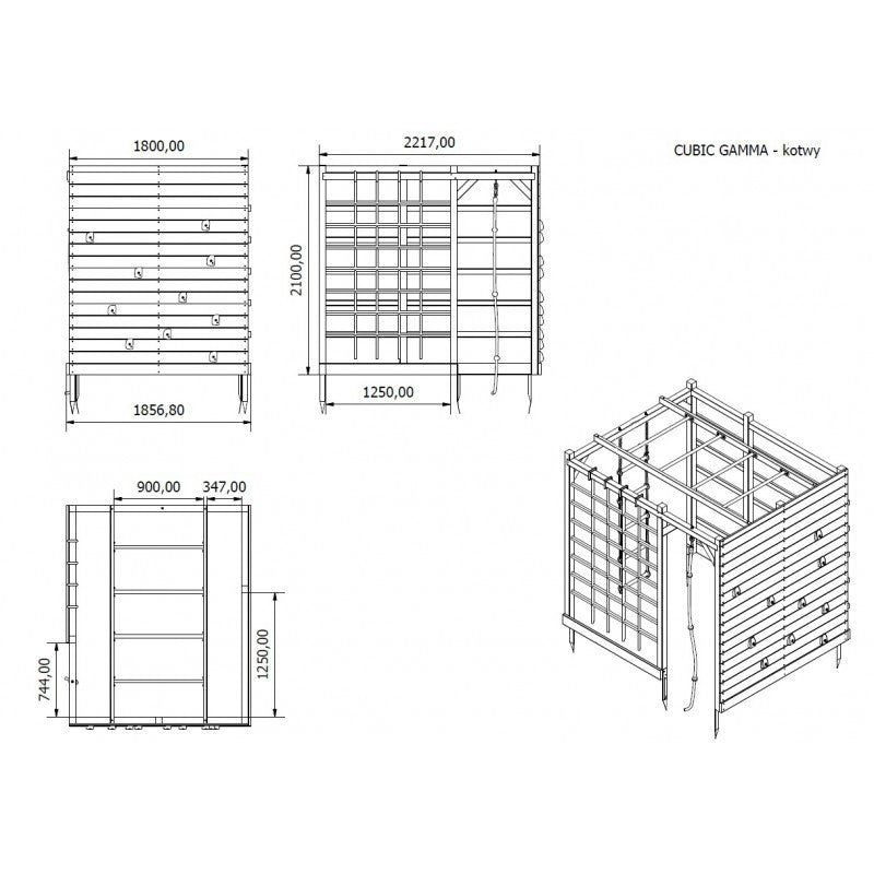 Spielplatz „Cubic Gamma“ aus imprägnierter Kiefer – mit Kletterwand, Seilen & Leitern, 225×185×210 cm