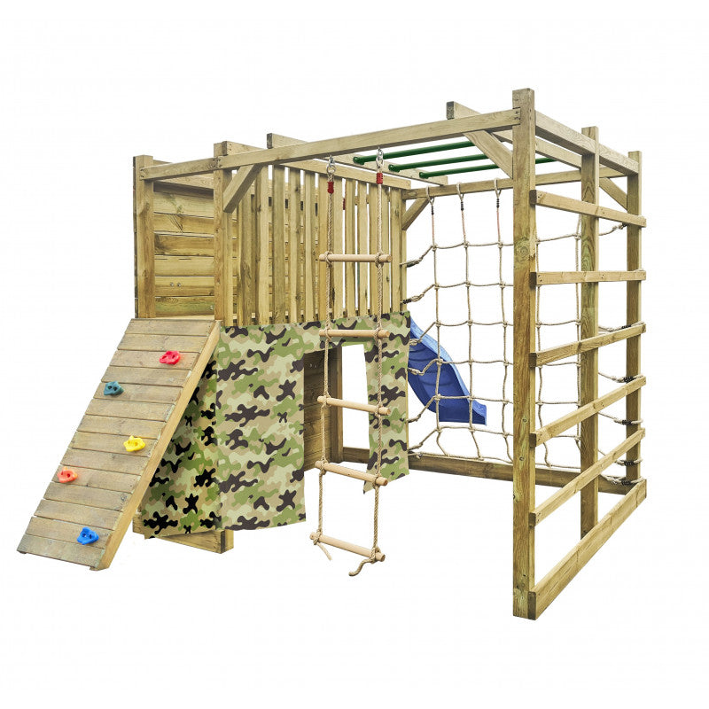 Spielplatz „Cubic Omega Camo“ aus imprägnierter Kiefer – mit Rutsche, Kletterwänden & Seilkletterelement, 447×225×210 cm