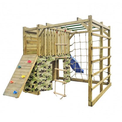 Spielplatz „Cubic Omega Camo“ aus imprägnierter Kiefer – mit Rutsche, Kletterwänden & Seilkletterelement, 447×225×210 cm