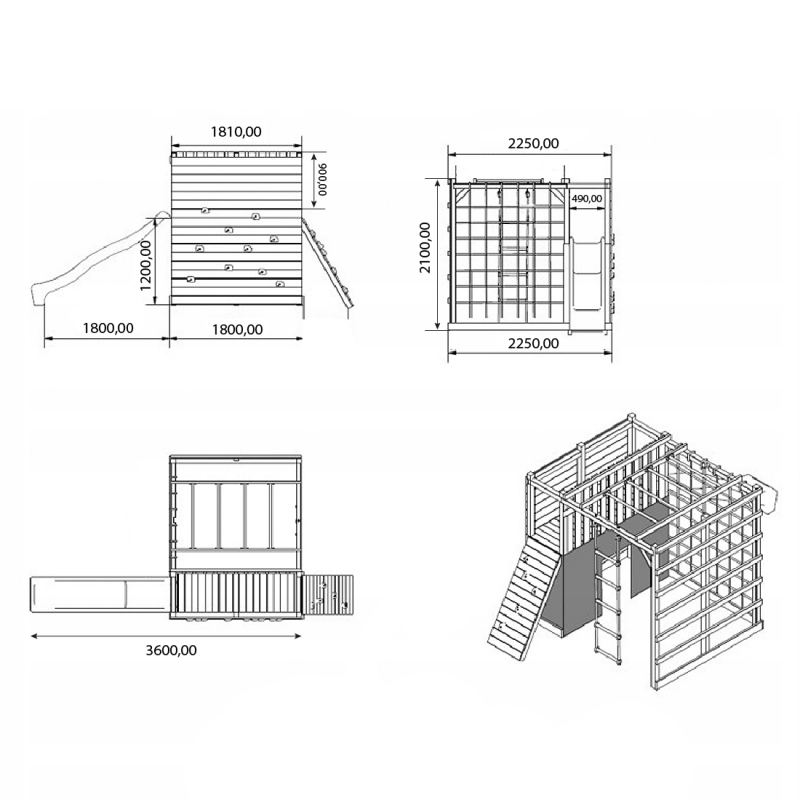 Spielplatz „Cubic Omega Camo“ aus imprägnierter Kiefer – mit Rutsche, Kletterwänden & Seilkletterelement, 447×225×210 cm