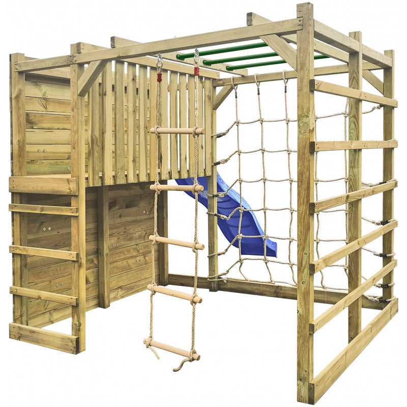 Spielplatz „Cubic Sigma“ aus imprägnierter Kiefer – mit Rutsche, Leitern & Seilkletterwand, 225×360×210 cm