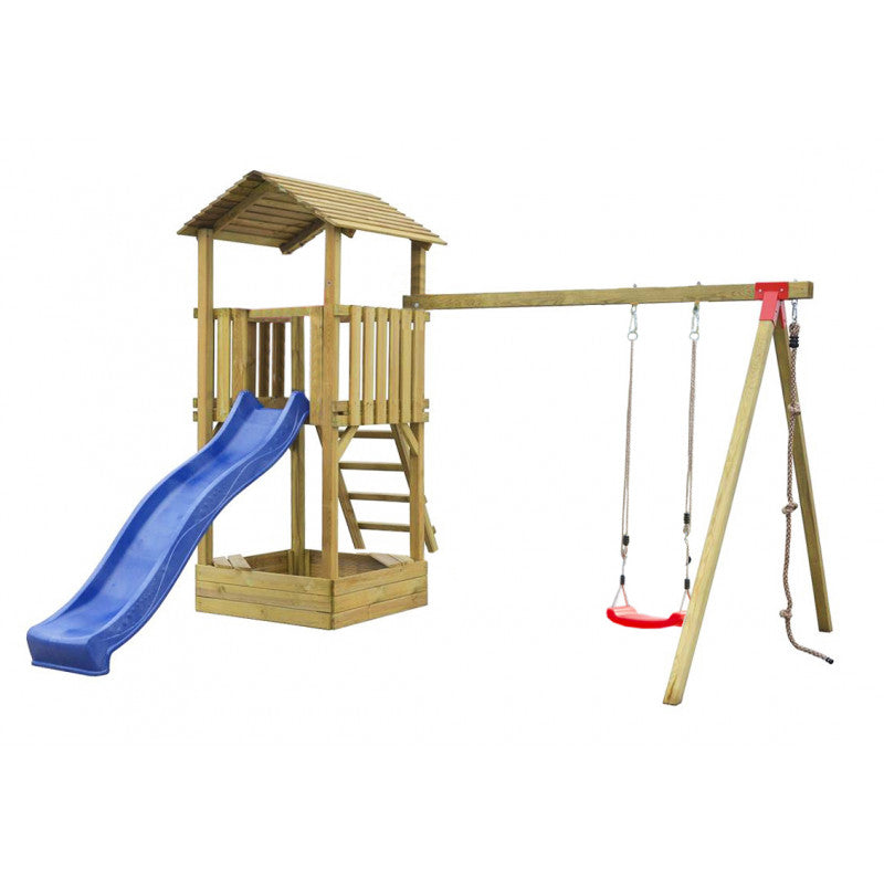 Spielplatz „Lusia“ aus imprägnierter Kiefer – mit Rutsche, Schaukel & Kletterseil, 388×389×261 cm