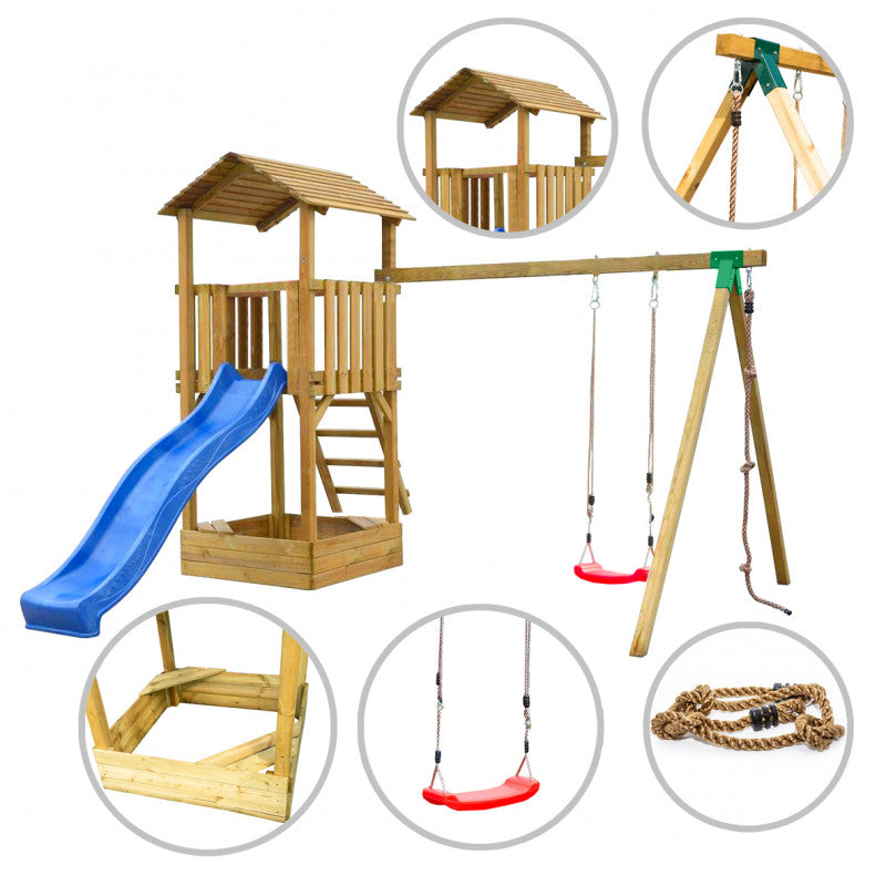 Spielplatz „Lusia“ aus imprägnierter Kiefer – mit Rutsche, Schaukel & Kletterseil, 388×389×261 cm