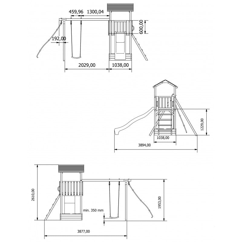 Spielplatz „Lusia“ aus imprägnierter Kiefer – mit Rutsche, Schaukel & Kletterseil, 388×389×261 cm