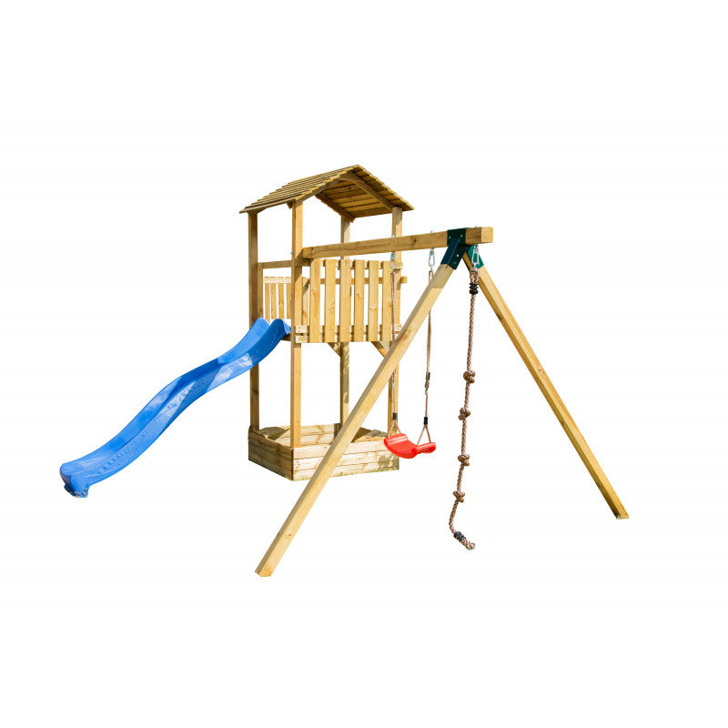 Spielplatz „Lusia“ aus imprägnierter Kiefer – mit Rutsche, Schaukel & Kletterseil, 388×389×261 cm