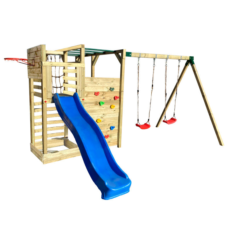 Spielplatz „Cubic Delta“ aus imprägnierter Kiefer – Doppelschaukel, Rutsche & Kletterwände, TÜV/EN71, 409×425×215 cm