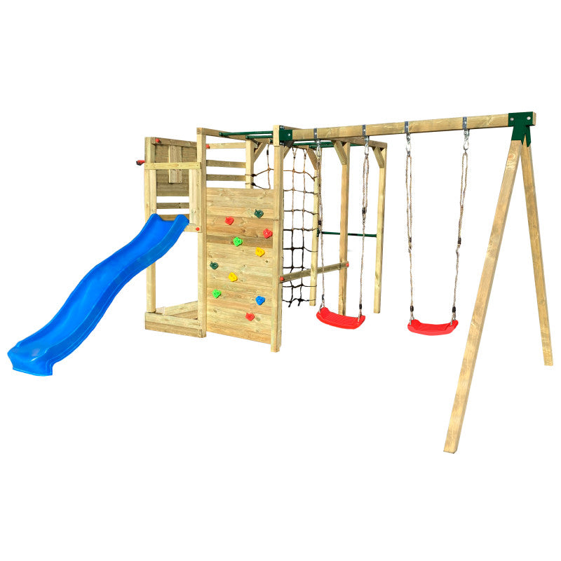 Spielplatz „Cubic Delta“ aus imprägnierter Kiefer – Doppelschaukel, Rutsche & Kletterwände, TÜV/EN71, 409×425×215 cm